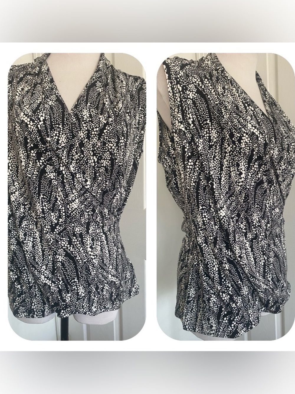 Tahari Black/White Sleeveless Faux Wrap Top